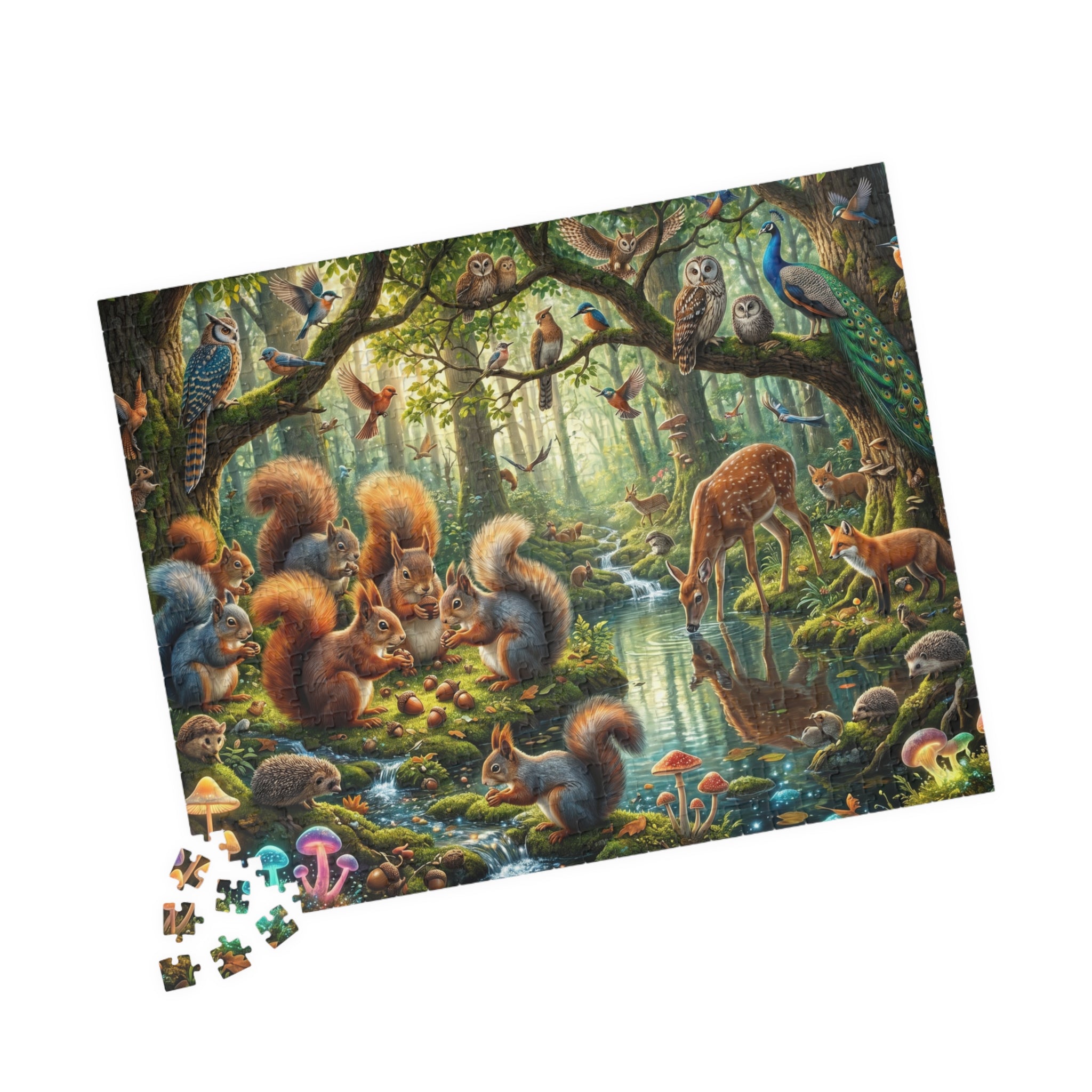 Whimsical Forest Panorama Jigsaw Puzzle - Woodland Creatures Scene