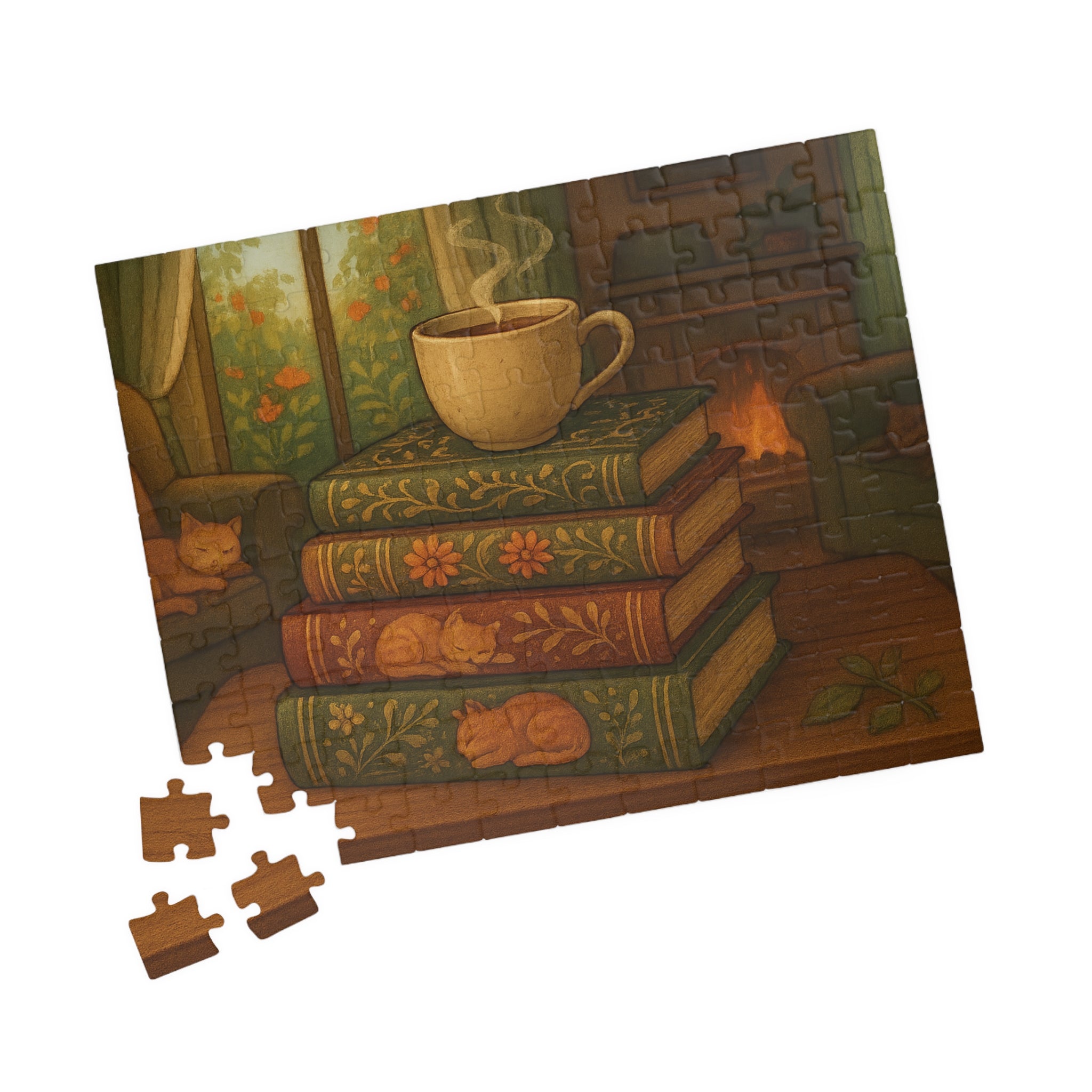 Cozy Stacked Books Jigsaw Puzzle - Elegant Library Scene