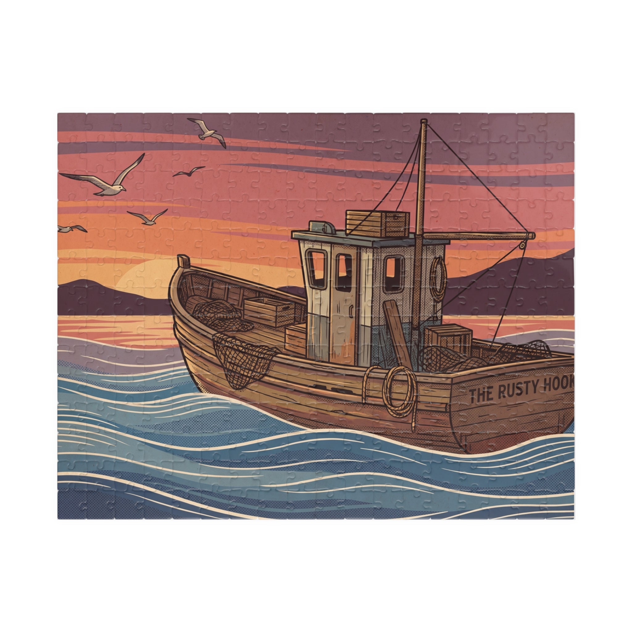Fishing Boat Jigsaw Puzzle - Retro Sunset Scene, 'Casting Memories'