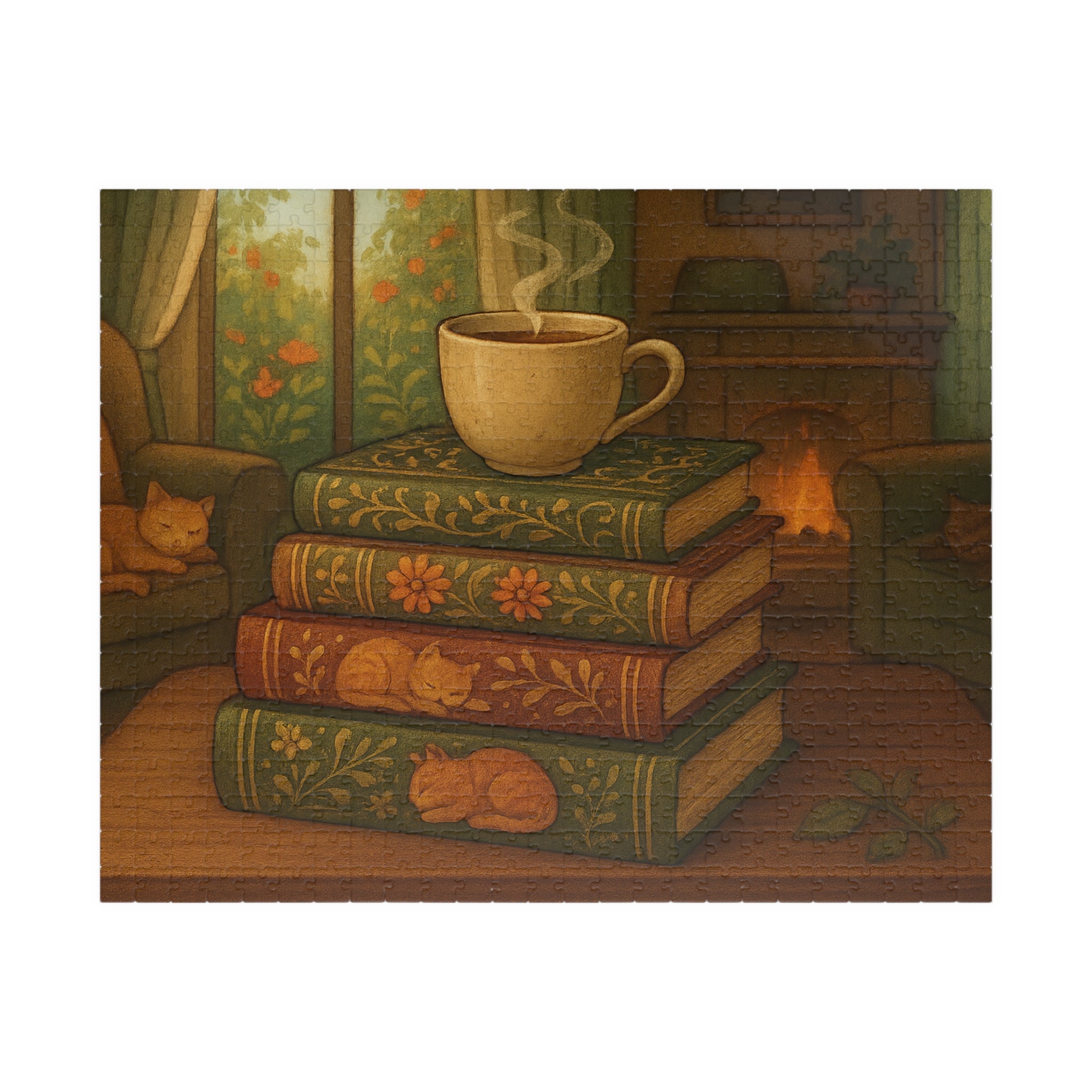 Cozy Stacked Books Jigsaw Puzzle - Elegant Library Scene