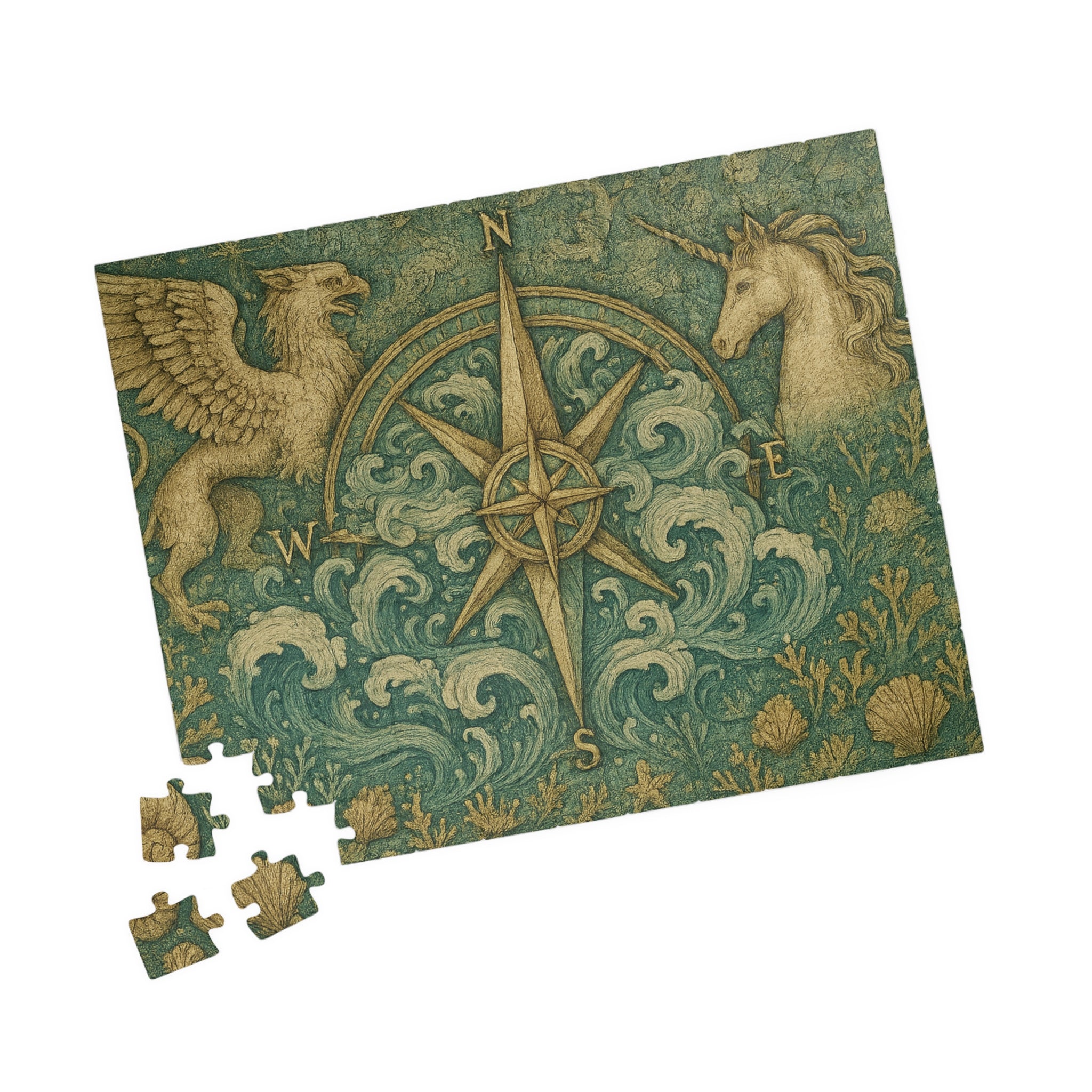 Old-World Compass Jigsaw Puzzle with Mythical Creatures