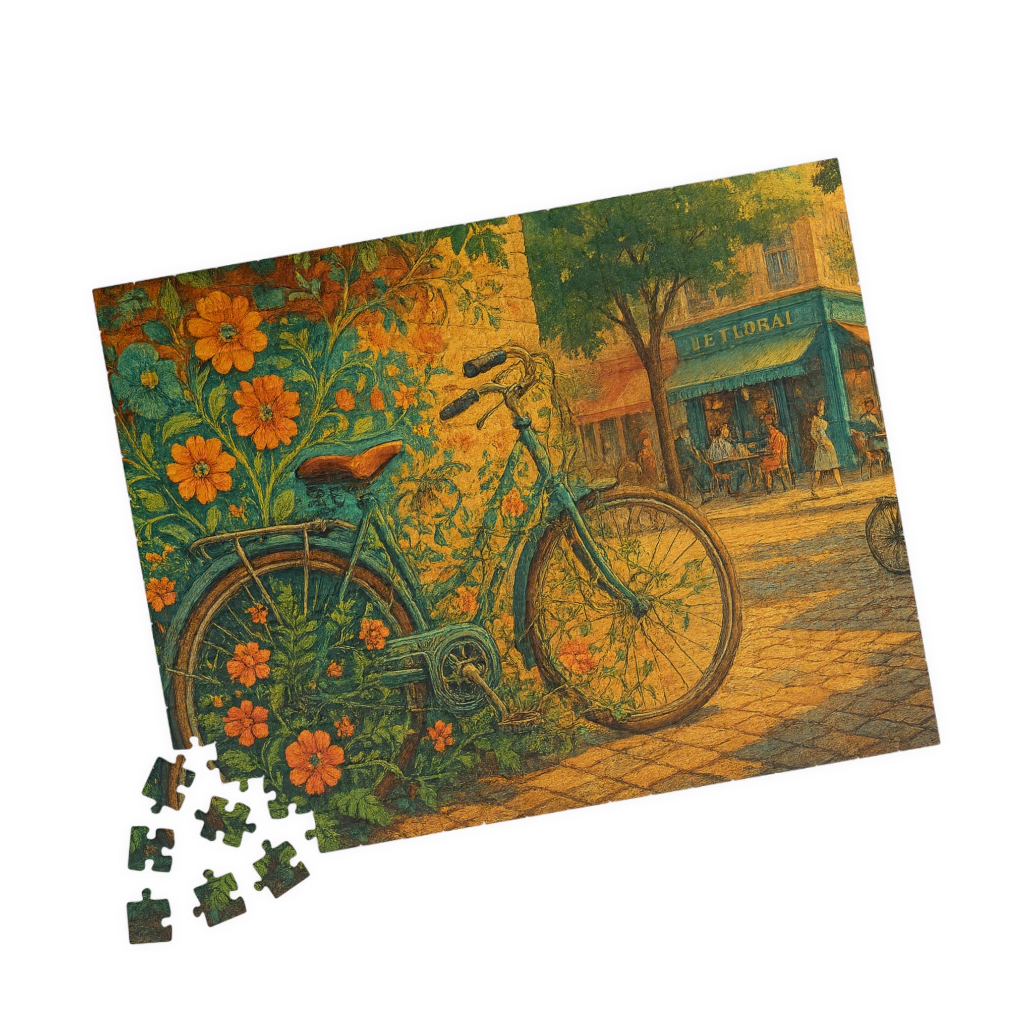 Floral Bicycle Jigsaw Puzzle, Urban Cycling Scene, Retro Design