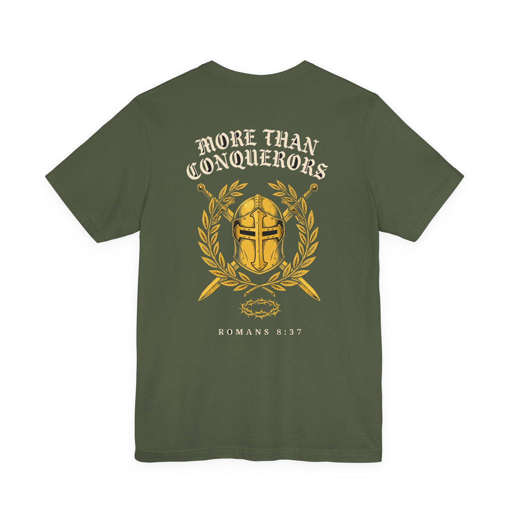 More Than Conquerors Through Him Who Loved Us Christian Tee | Warrior Faith Bible Shirt