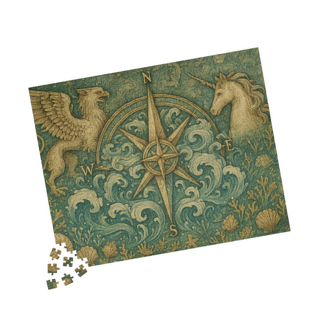 Old-World Compass Jigsaw Puzzle with Mythical Creatures