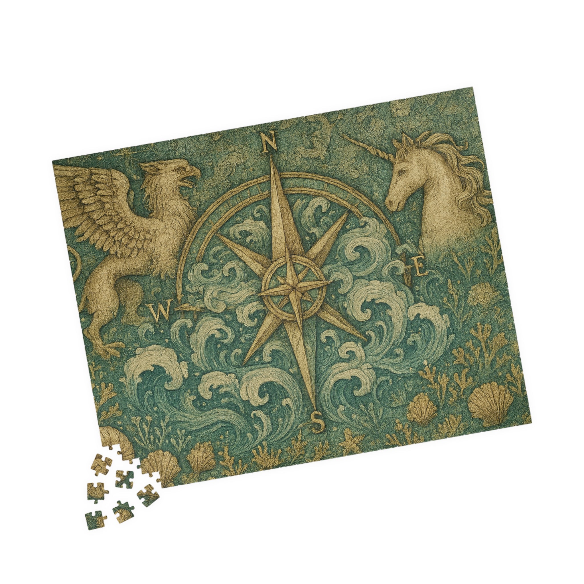 Old-World Compass Jigsaw Puzzle with Mythical Creatures