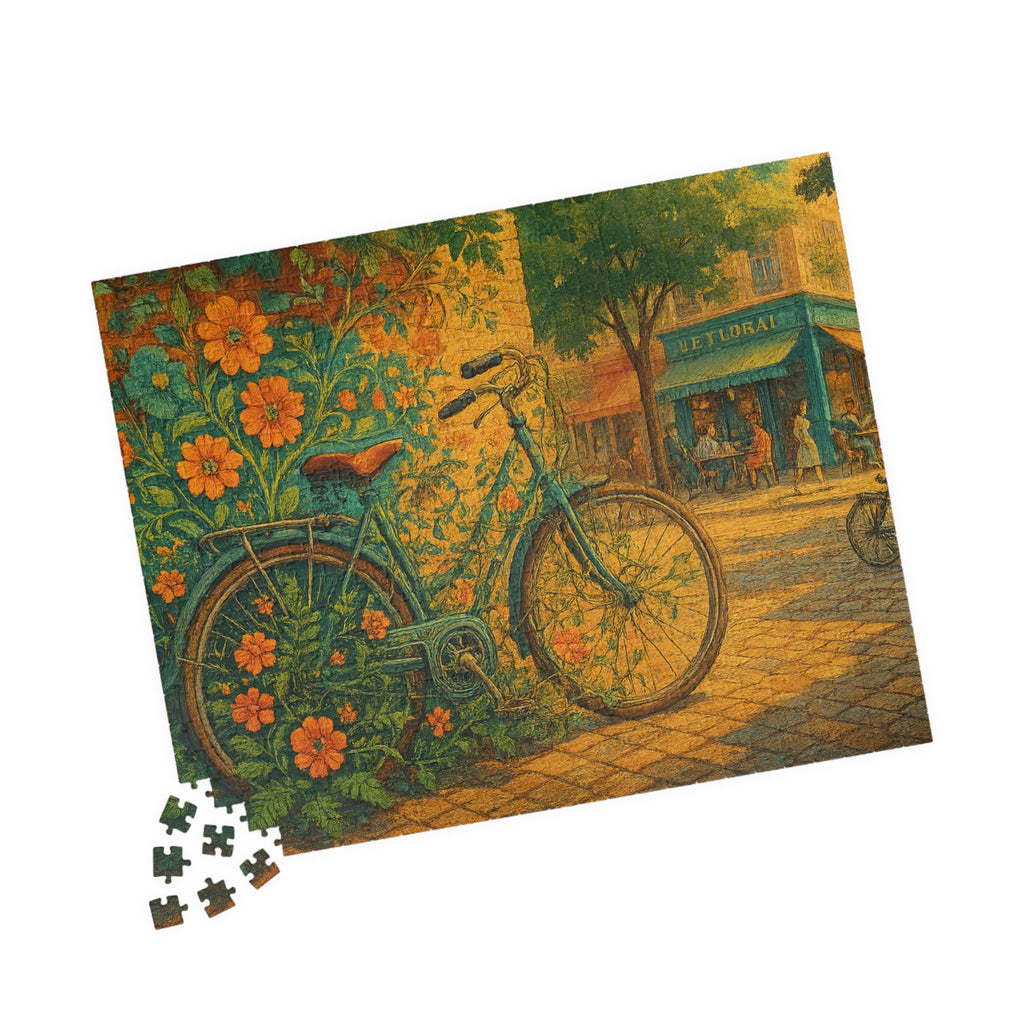 Floral Bicycle Jigsaw Puzzle, Urban Cycling Scene, Retro Design