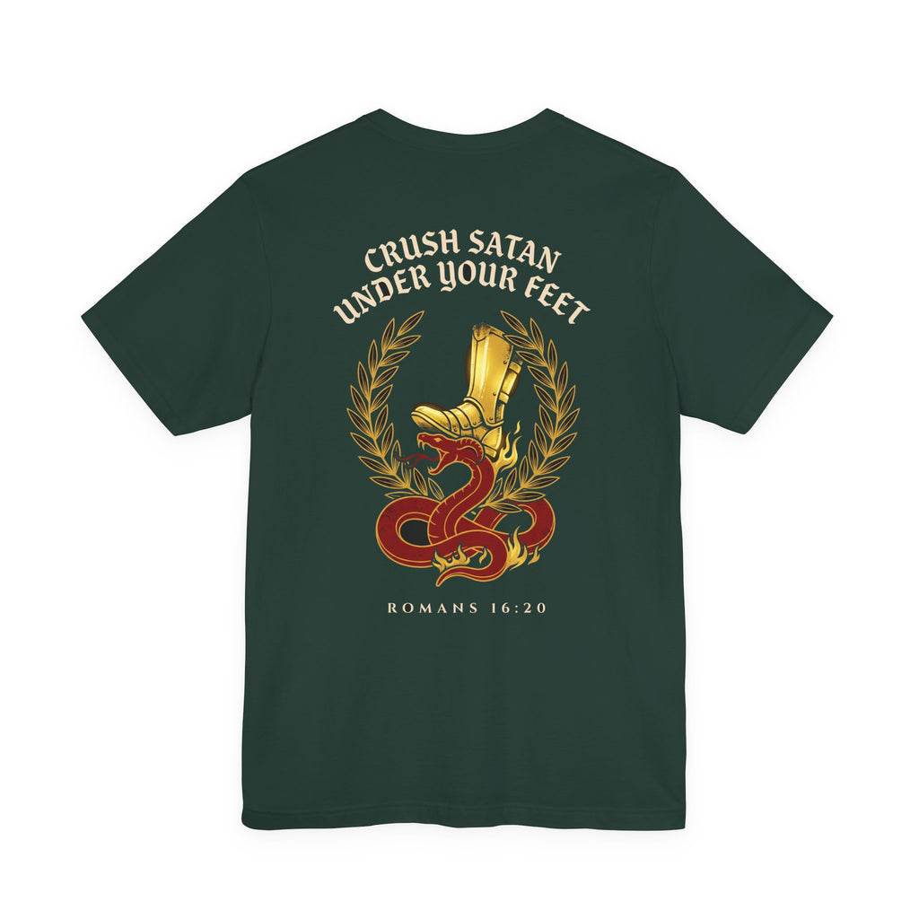 The God of Peace Will Crush Satan Under Your Feet Christian Tee | Warrior Faith Bible