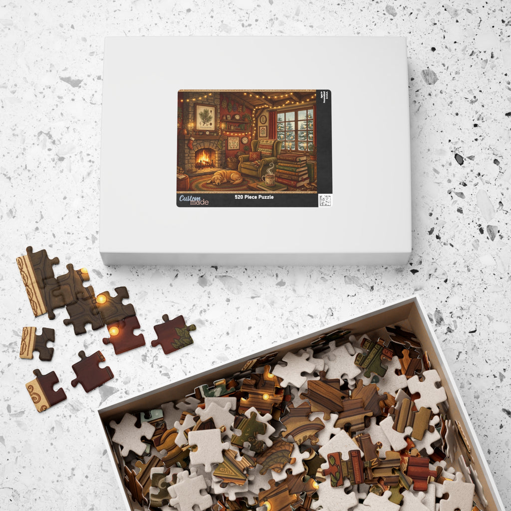 Cozy Cabin Reading Nook Jigsaw Puzzle | Winter Fireplace Book Lover Art | 110-1014 Piece