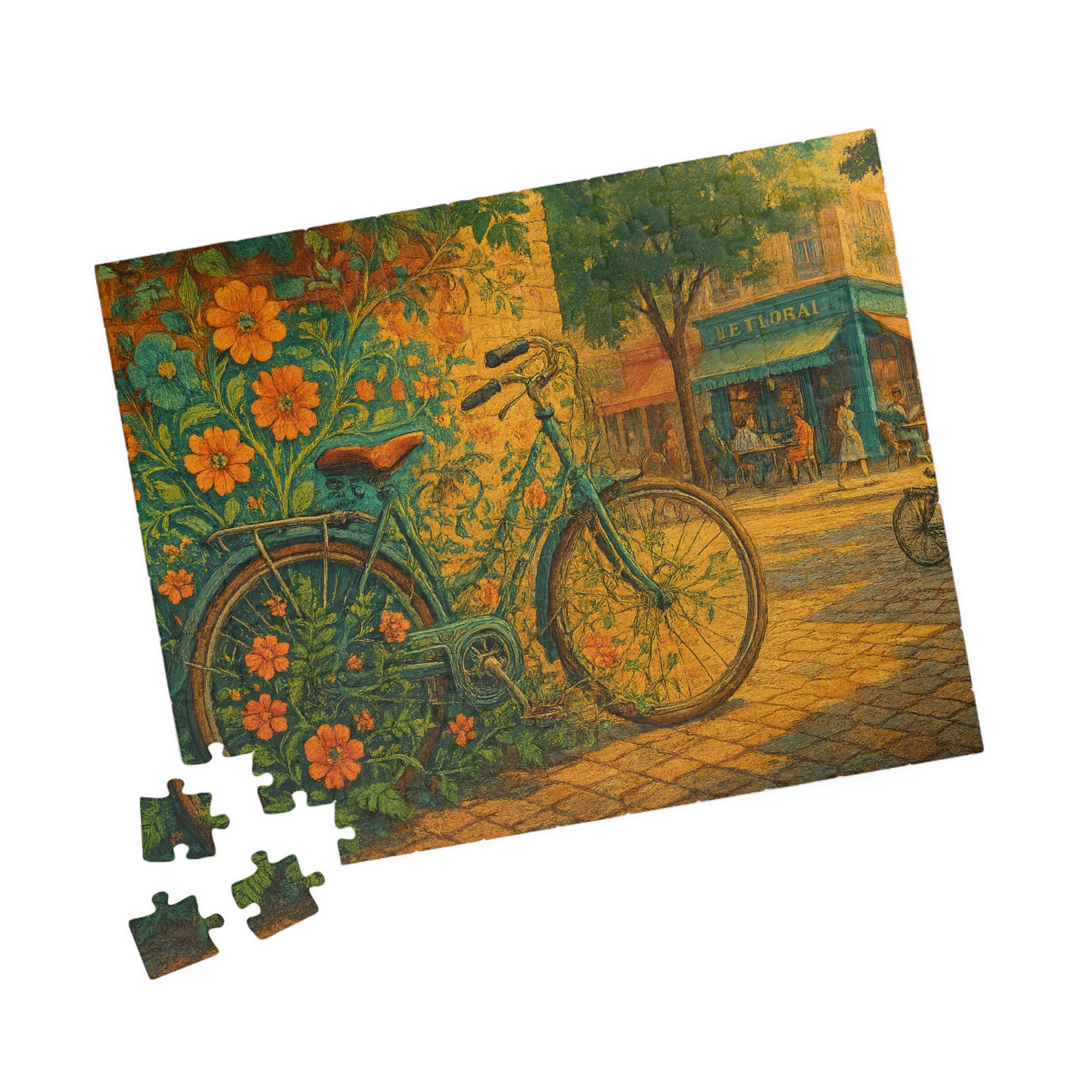 Floral Bicycle Jigsaw Puzzle, Urban Cycling Scene, Retro Design