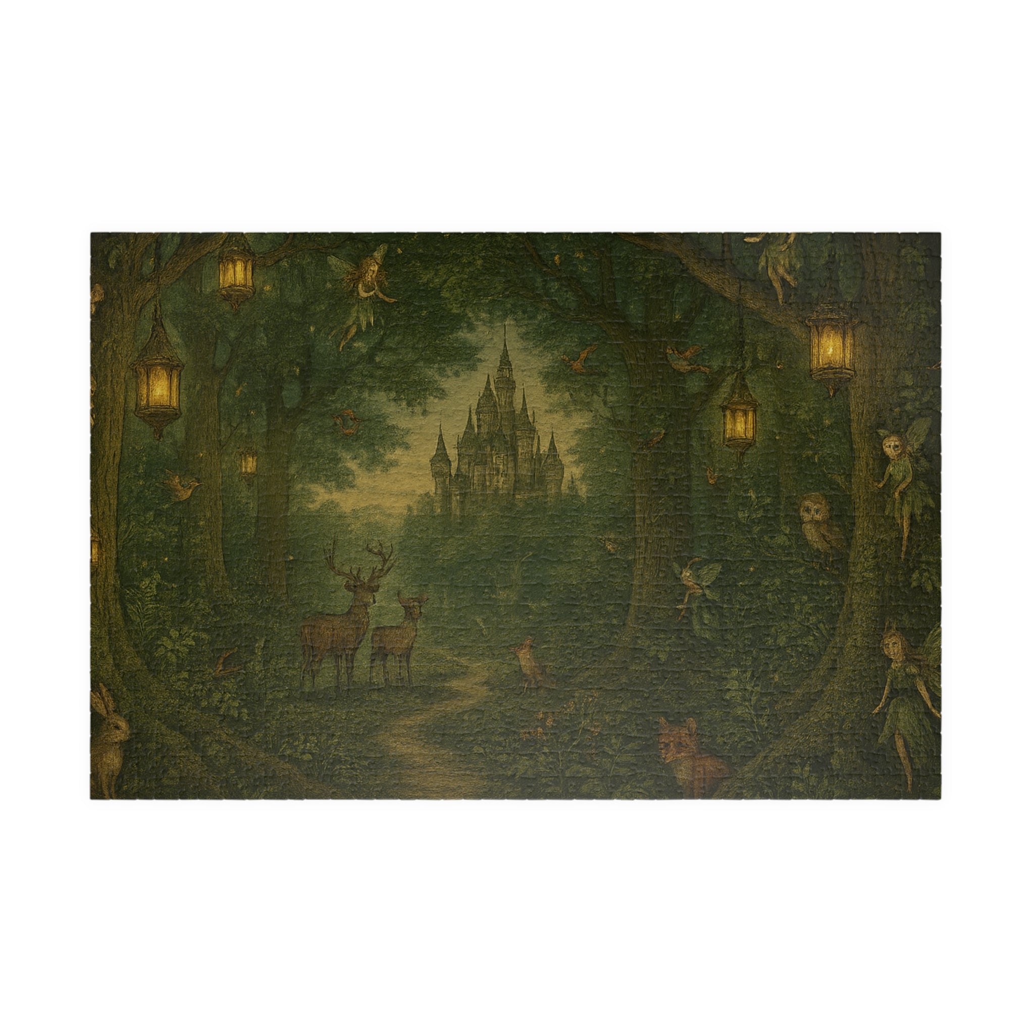 Forest Panorama Jigsaw Puzzle - Enchanted Scene with Lanterns & Castle