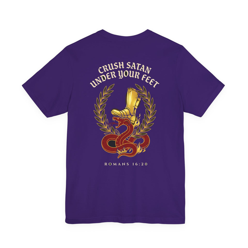 The God of Peace Will Crush Satan Under Your Feet Christian Tee | Warrior Faith Bible