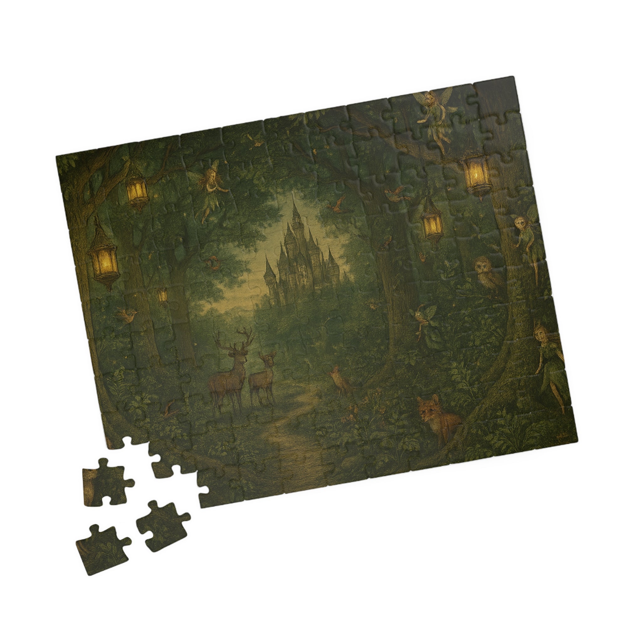 Forest Panorama Jigsaw Puzzle - Enchanted Scene with Lanterns & Castle
