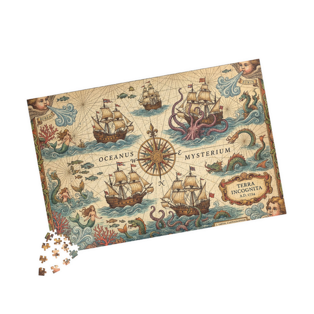 Old World Nautical Map Jigsaw Puzzle | Vintage Sea Monster Pirate Map Art | 110-1014 Piece