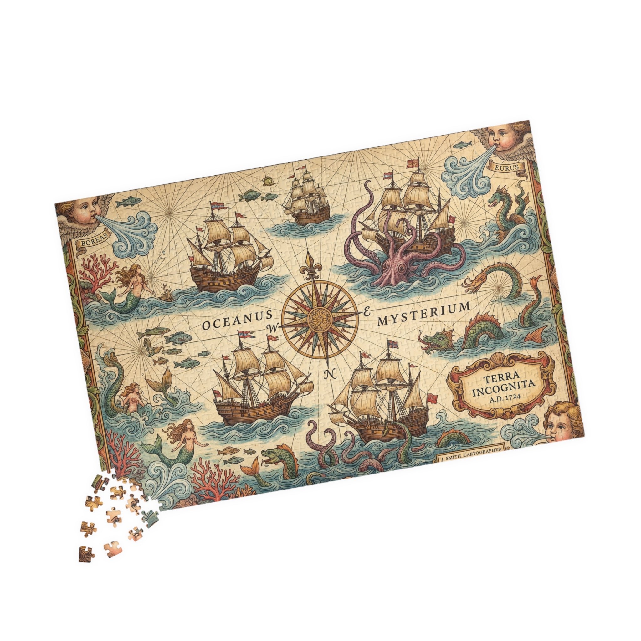 Old World Nautical Map Jigsaw Puzzle | Vintage Sea Monster Pirate Map Art | 110-1014 Piece