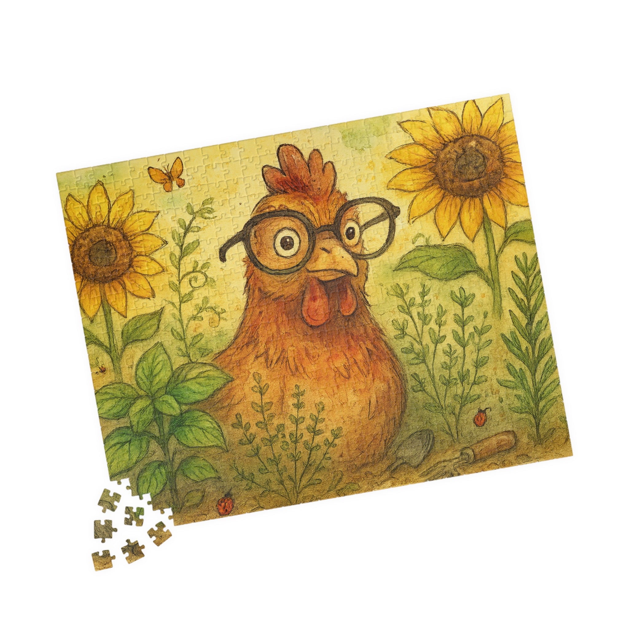 Retro Chicken Jigsaw Puzzle - Vintage Gardener Design with Sunflowers