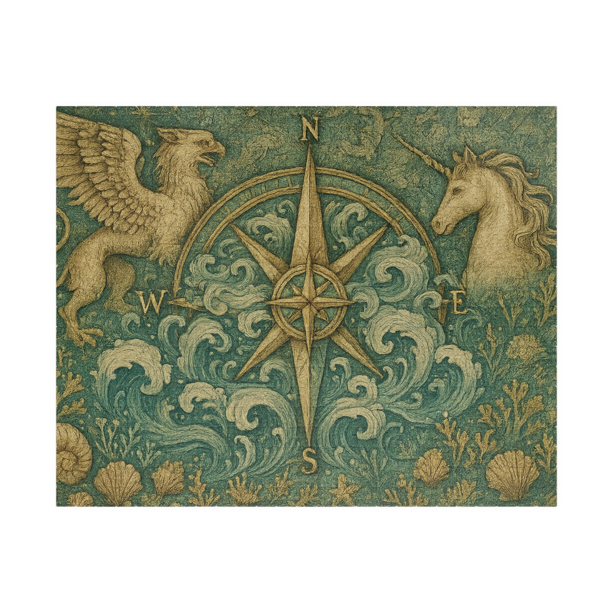 Old-World Compass Jigsaw Puzzle with Mythical Creatures