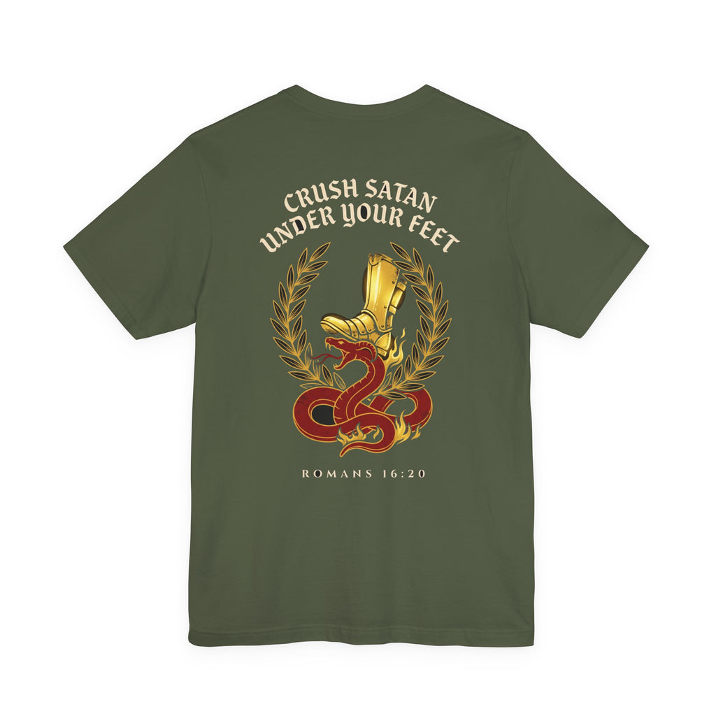 The God of Peace Will Crush Satan Under Your Feet Christian Tee | Warrior Faith Bible