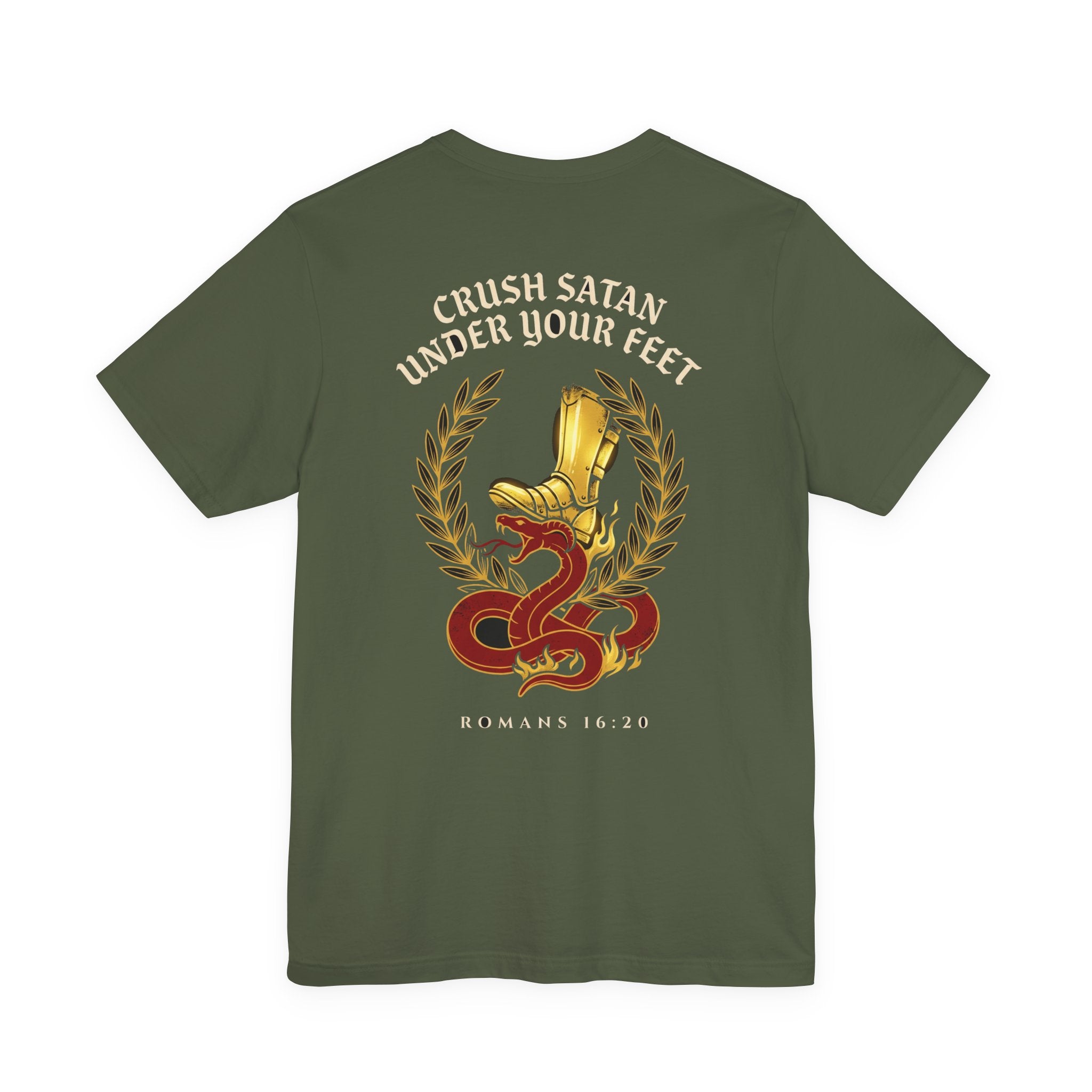 The God of Peace Will Crush Satan Under Your Feet Christian Tee | Warrior Faith Bible