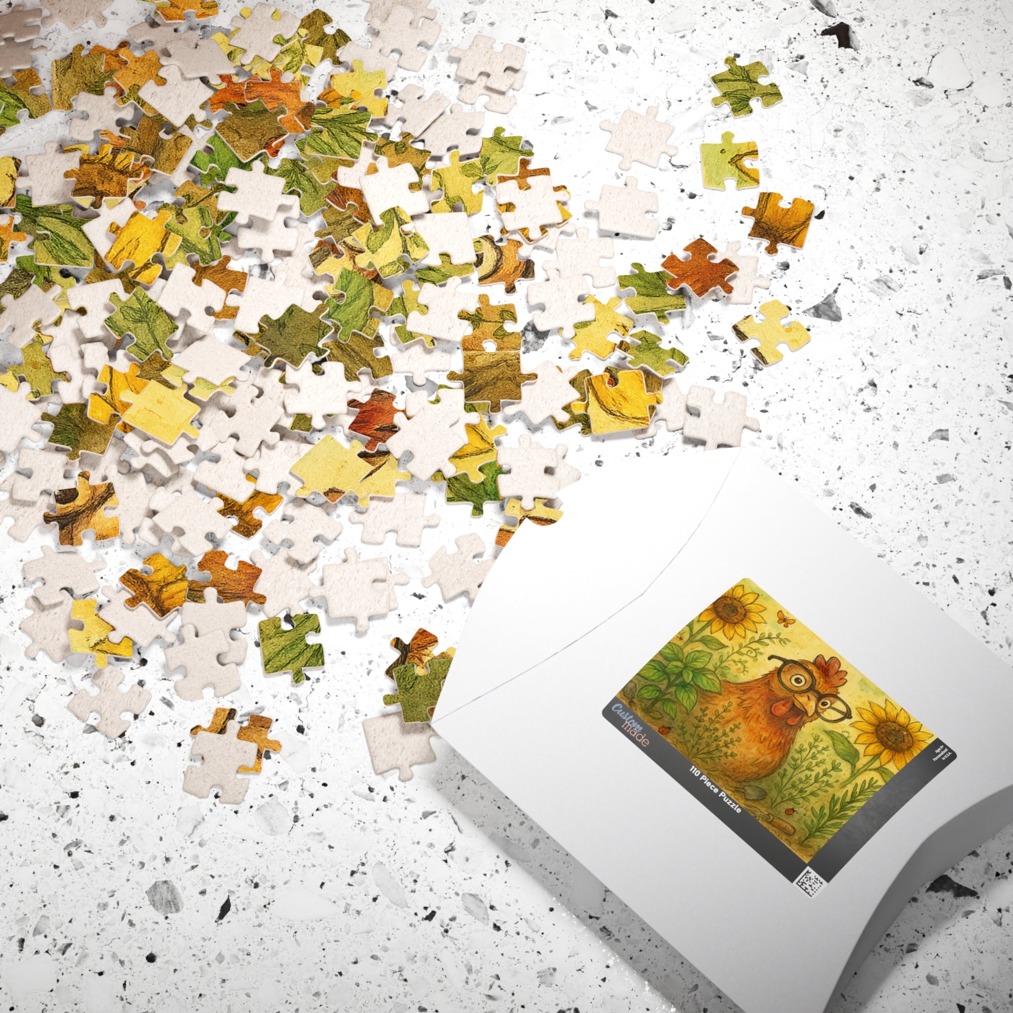 Retro Chicken Jigsaw Puzzle - Vintage Gardener Design with Sunflowers