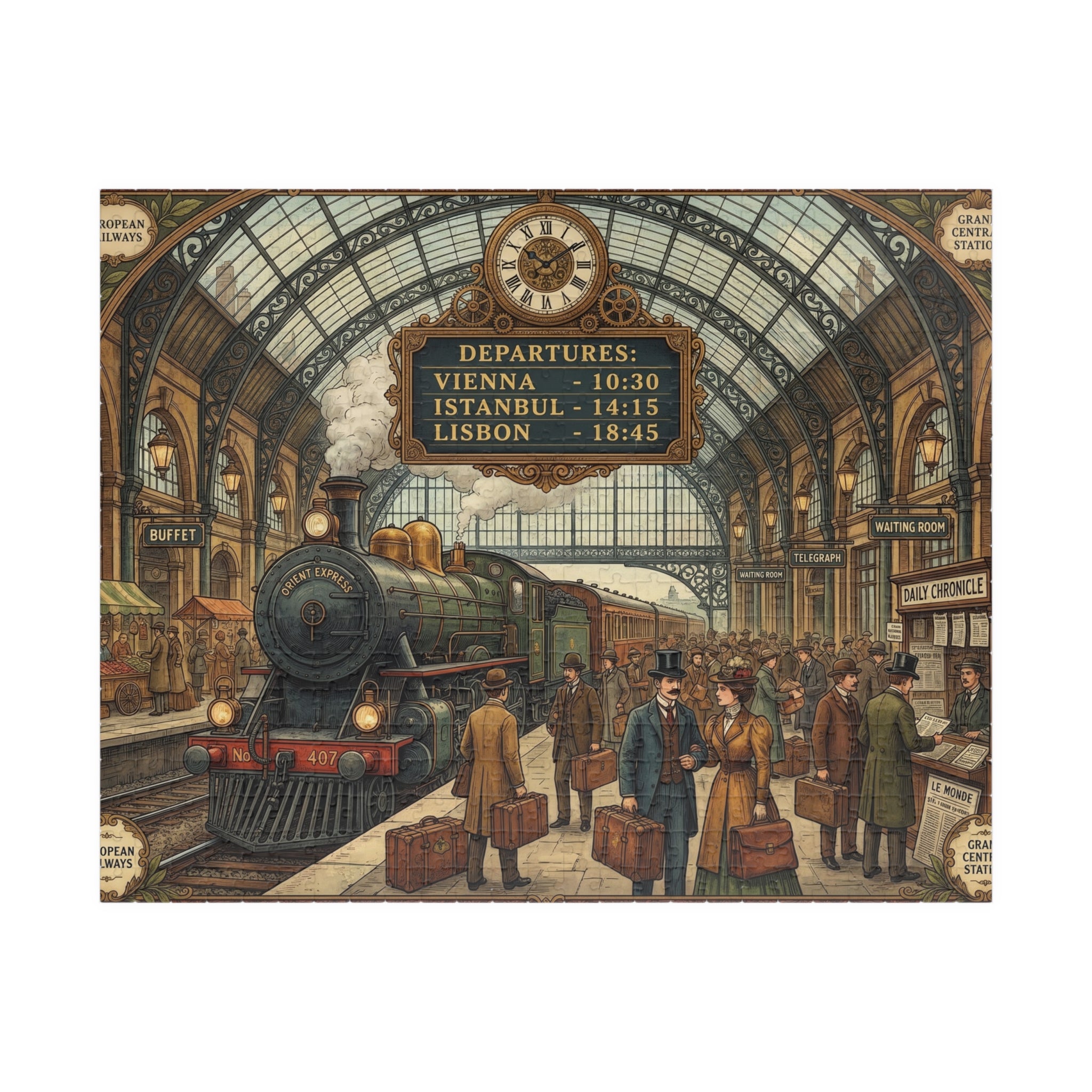 Vintage European Train Station Jigsaw Puzzle | Steam Engine Travel Art | 110-1014 Piece