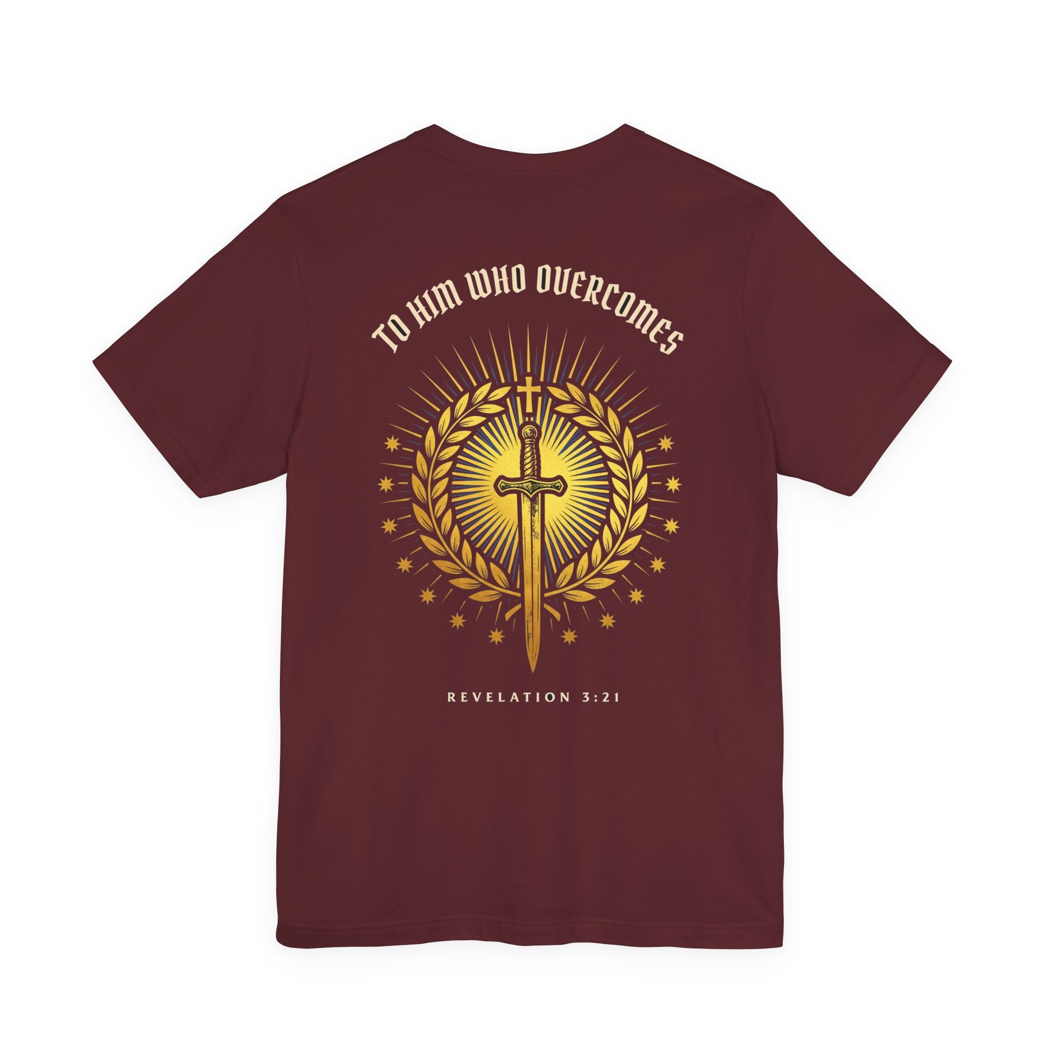 To Him Who Overcomes Christian Tee | Revelation 3:21 Faith Warrior Bible Shirt