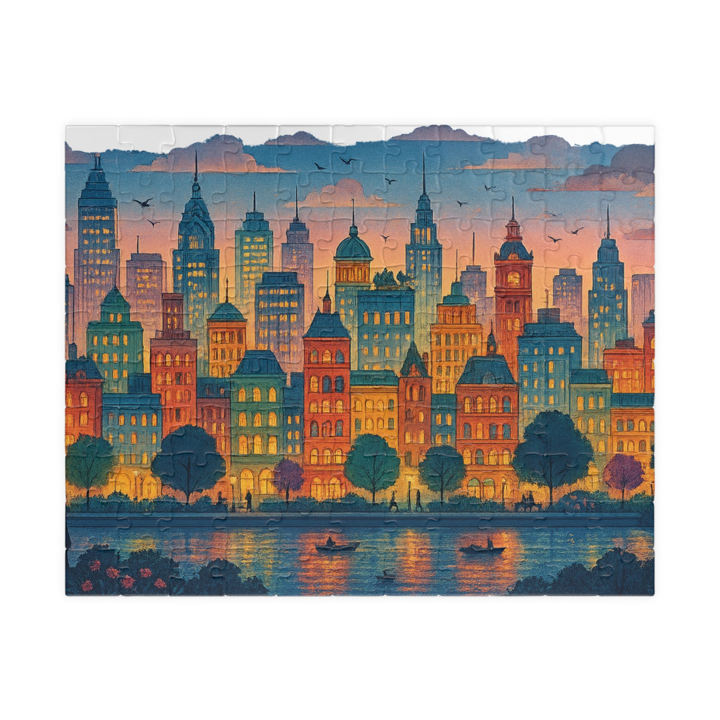 City Skyline Jigsaw Puzzle at Dusk, Urban Art Puzzle for Adults