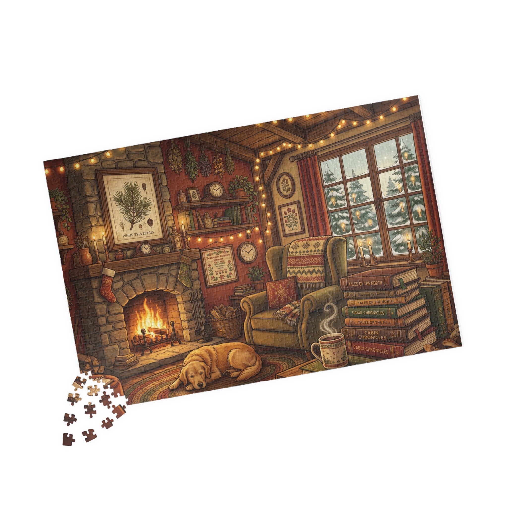 Cozy Cabin Reading Nook Jigsaw Puzzle | Winter Fireplace Book Lover Art | 110-1014 Piece