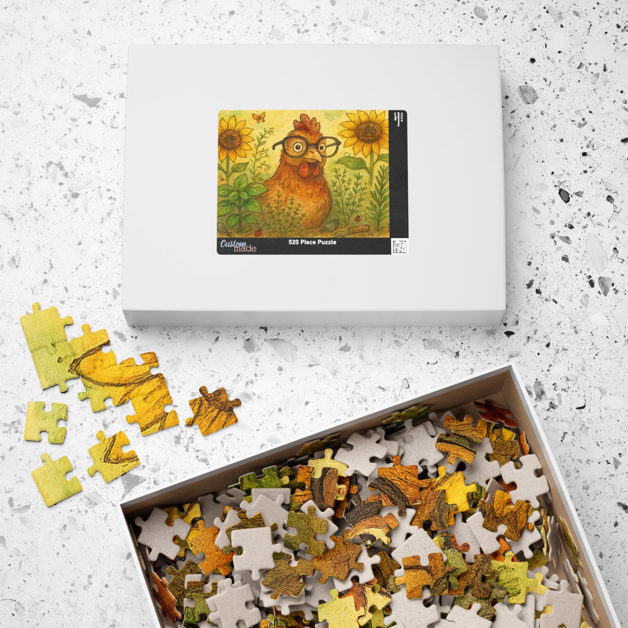Retro Chicken Jigsaw Puzzle - Vintage Gardener Design with Sunflowers
