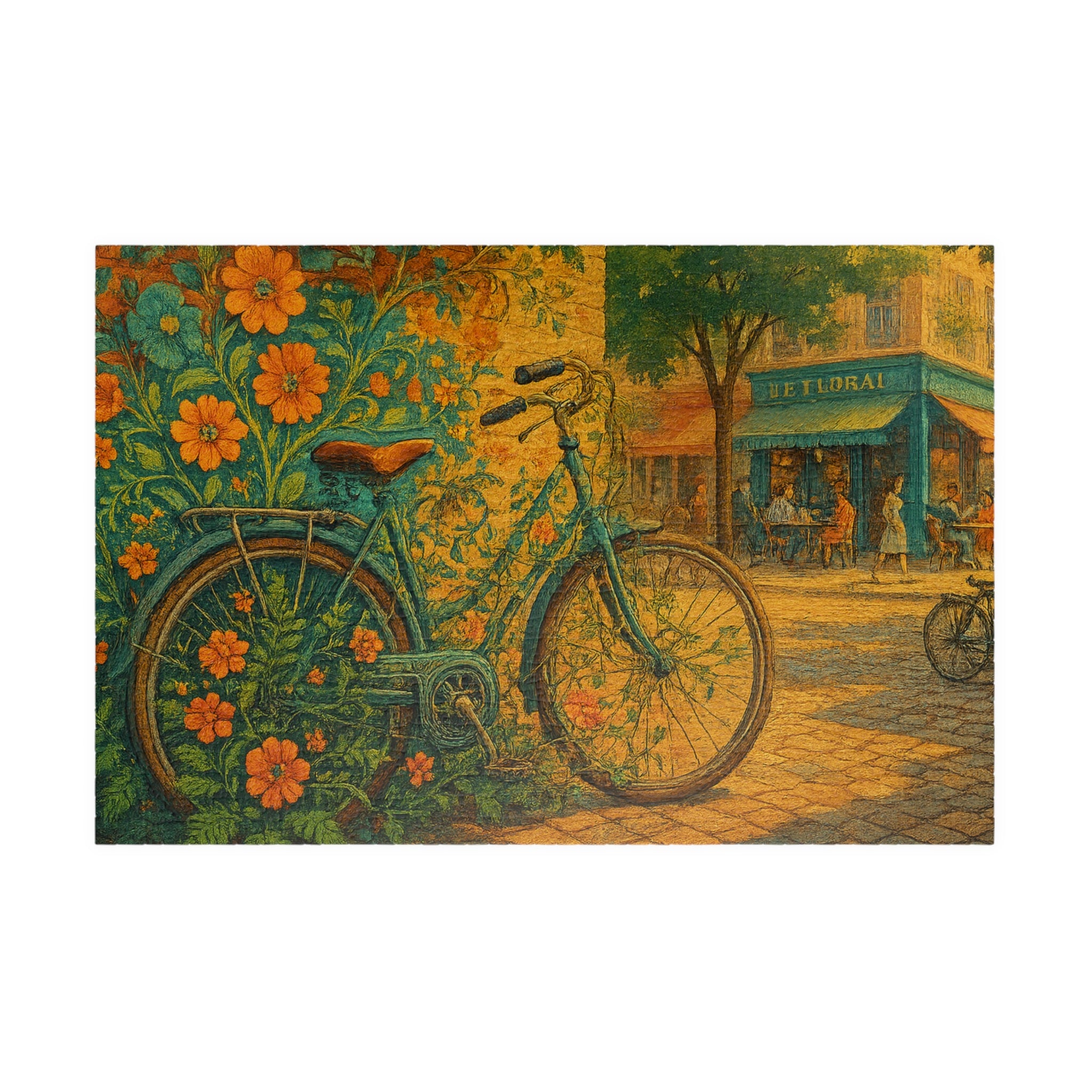 Floral Bicycle Jigsaw Puzzle, Urban Cycling Scene, Retro Design