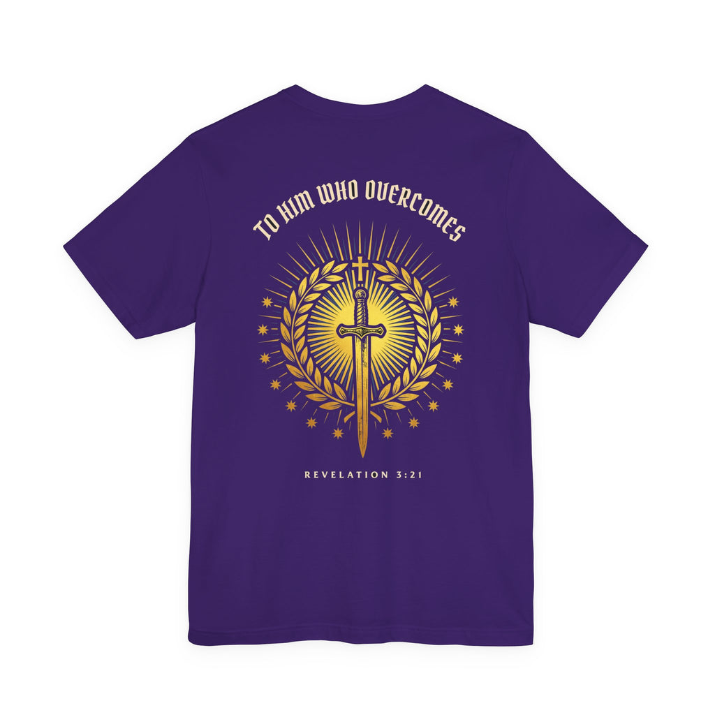 To Him Who Overcomes Christian Tee | Revelation 3:21 Faith Warrior Bible Shirt