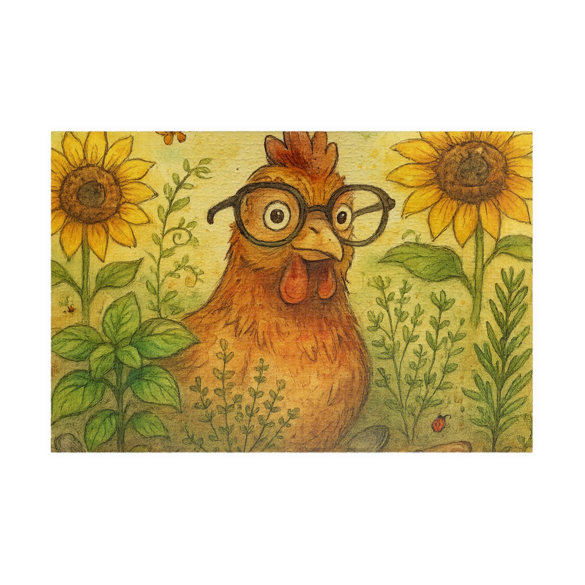 Retro Chicken Jigsaw Puzzle - Vintage Gardener Design with Sunflowers