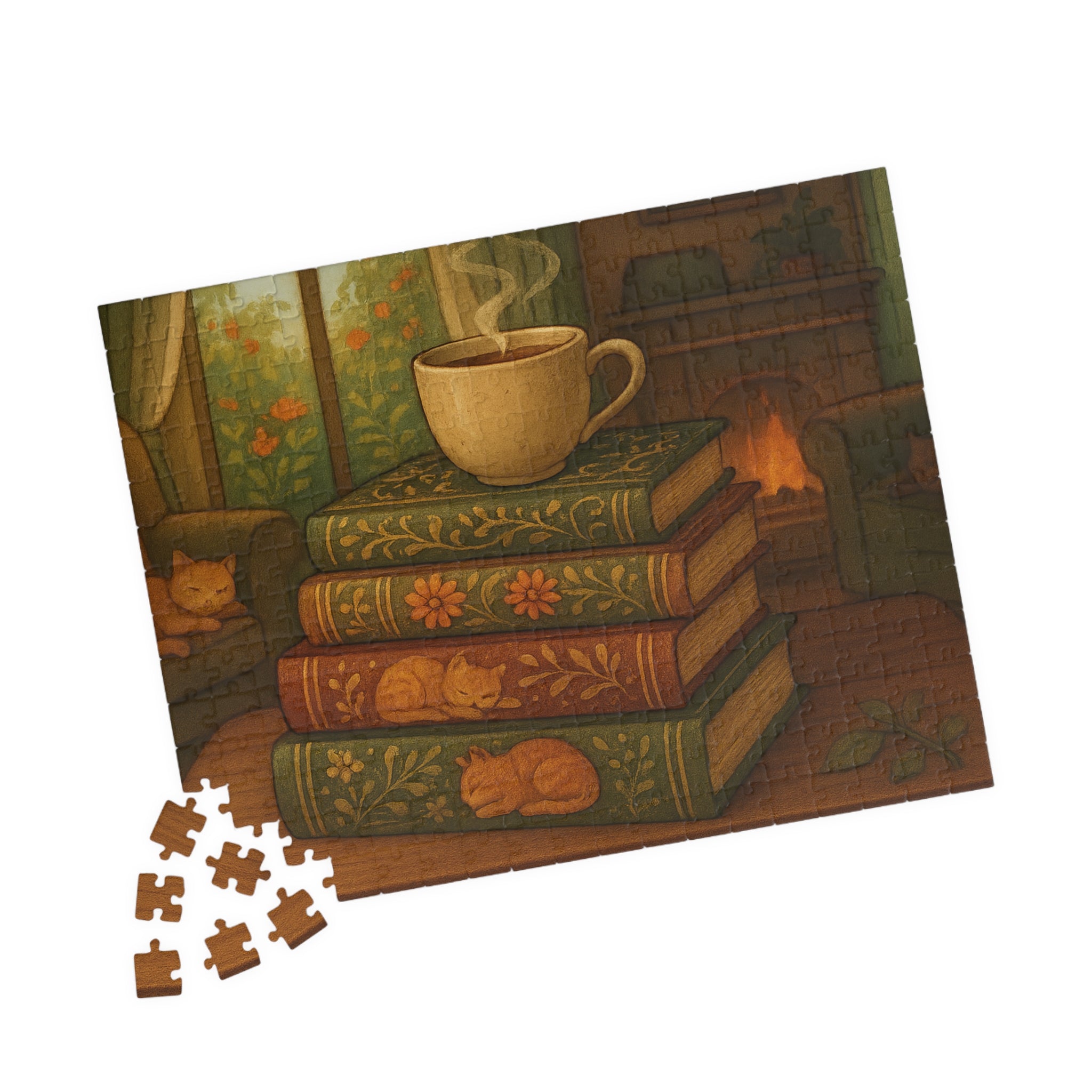 Cozy Stacked Books Jigsaw Puzzle - Elegant Library Scene