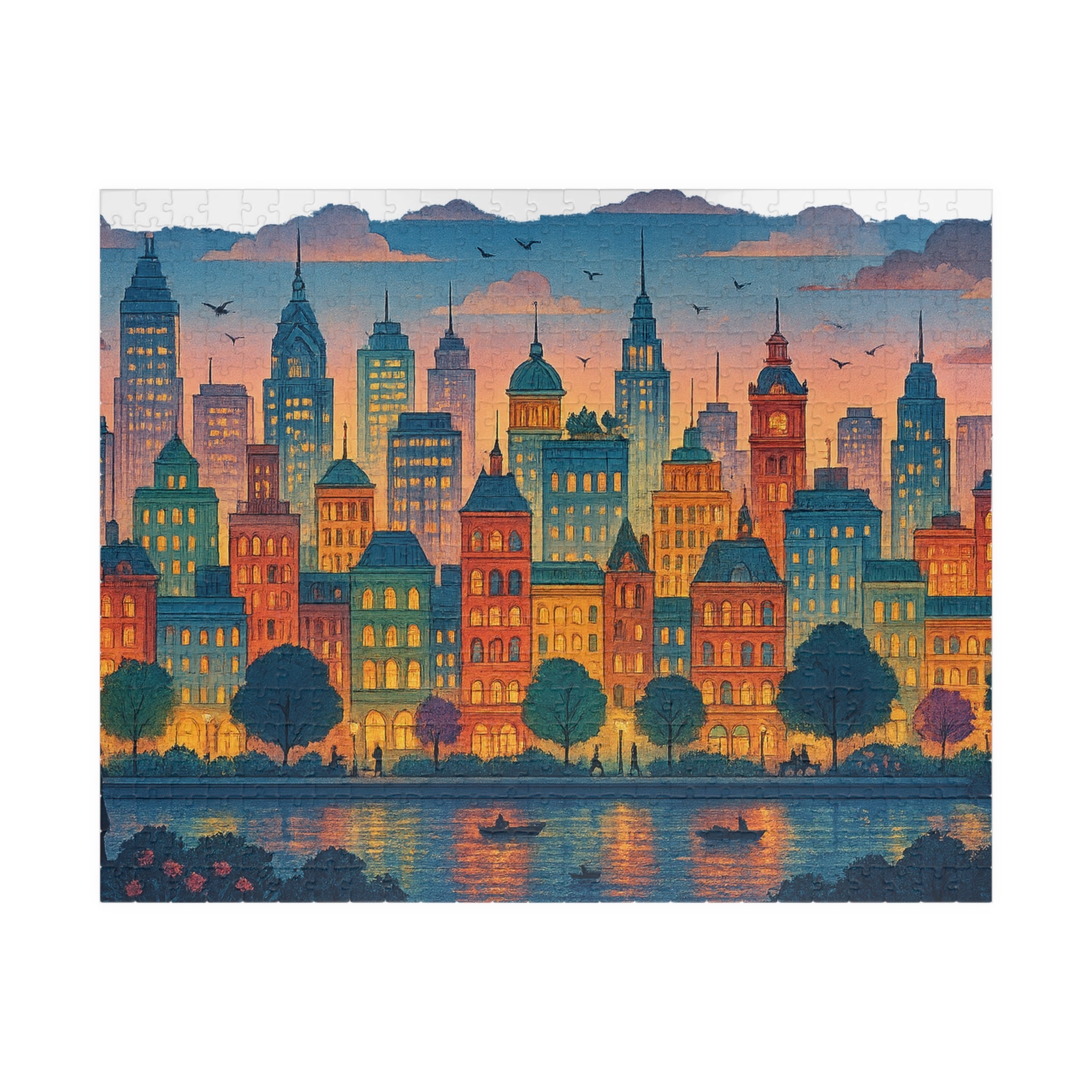 City Skyline Jigsaw Puzzle at Dusk, Urban Art Puzzle for Adults