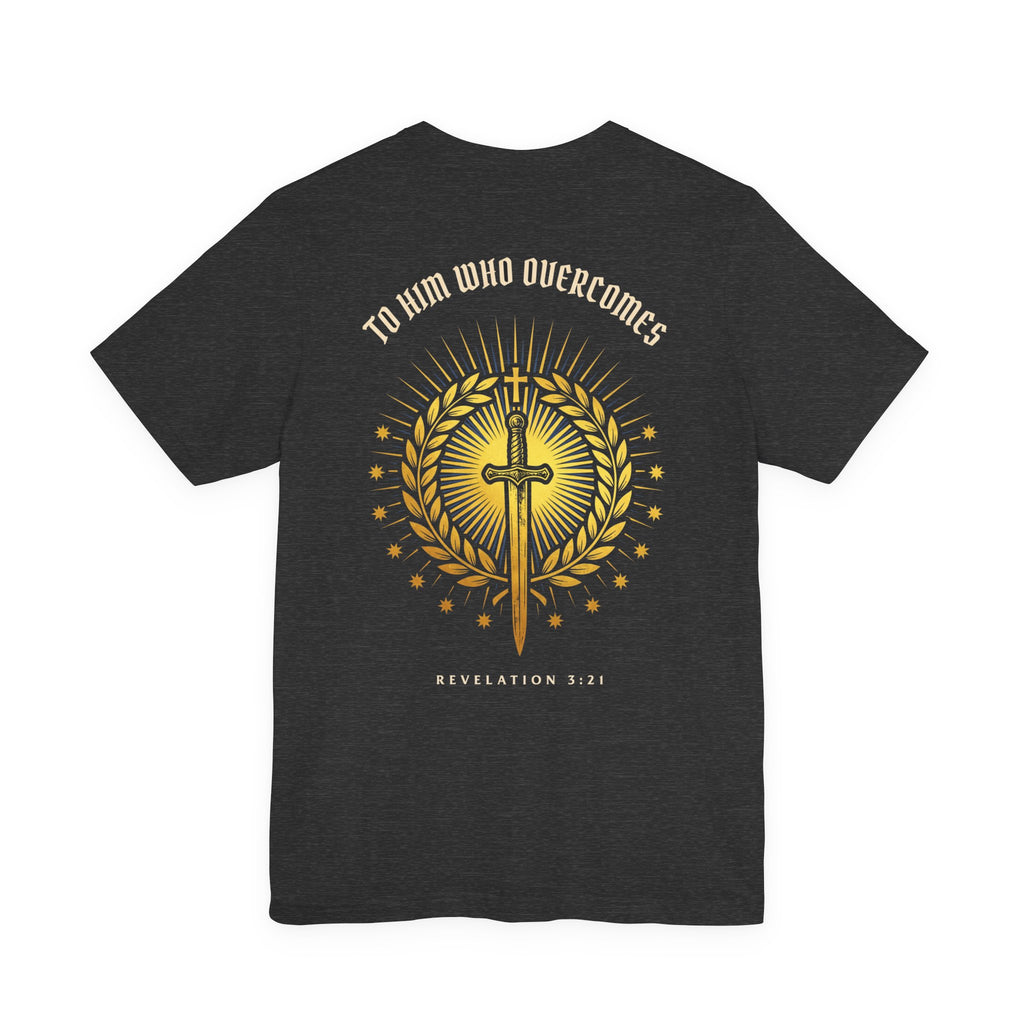 To Him Who Overcomes Christian Tee | Revelation 3:21 Faith Warrior Bible Shirt