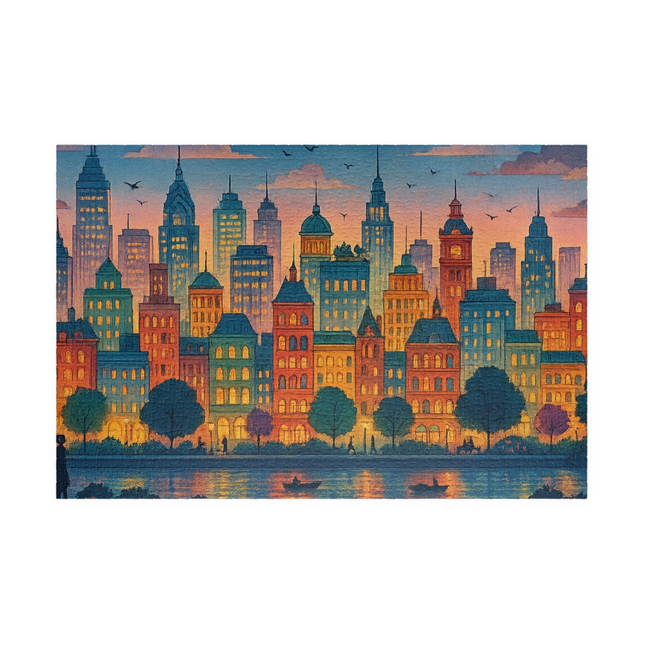 City Skyline Jigsaw Puzzle at Dusk, Urban Art Puzzle for Adults
