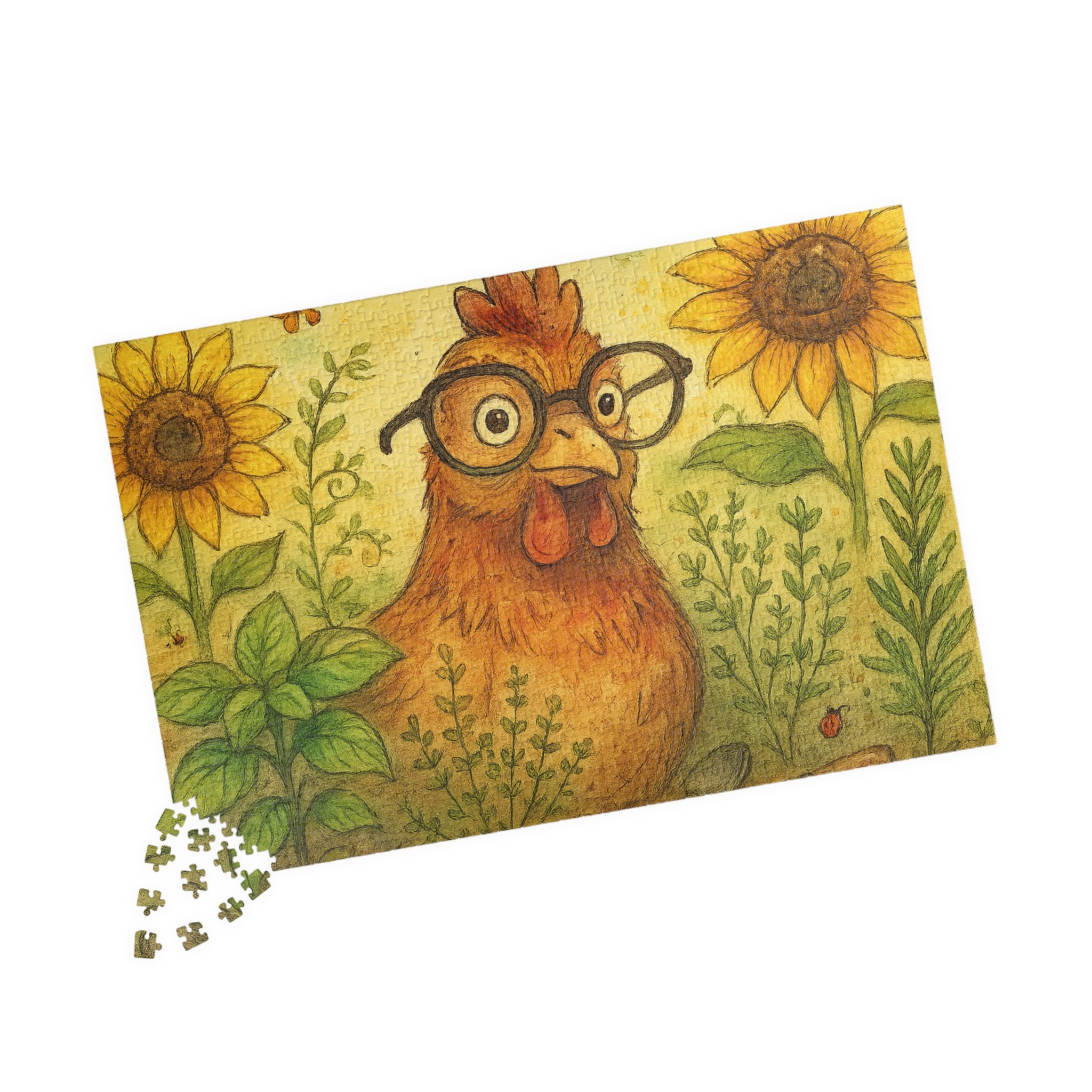 Retro Chicken Jigsaw Puzzle - Vintage Gardener Design with Sunflowers