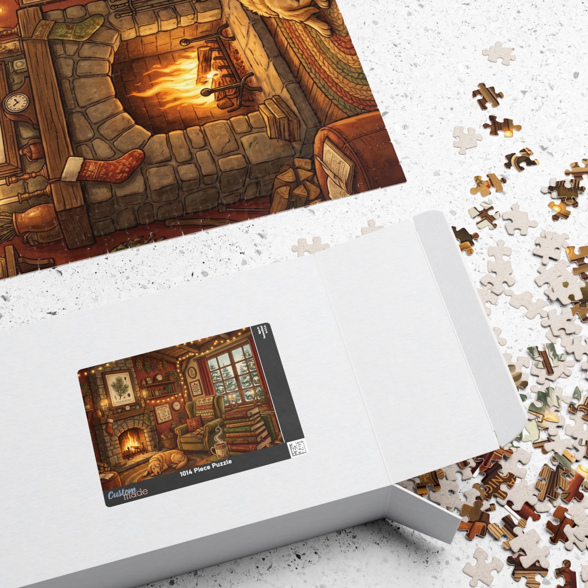 Cozy Cabin Reading Nook Jigsaw Puzzle | Winter Fireplace Book Lover Art | 110-1014 Piece
