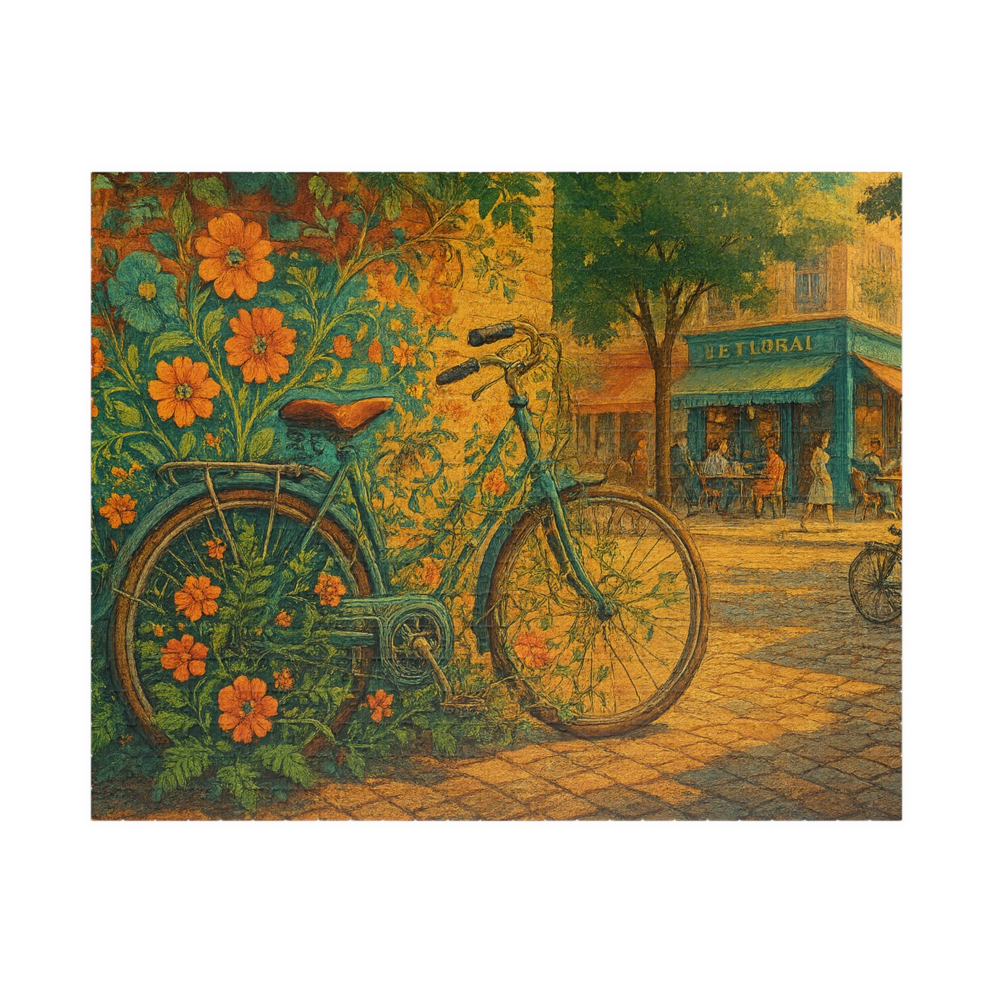 Floral Bicycle Jigsaw Puzzle, Urban Cycling Scene, Retro Design