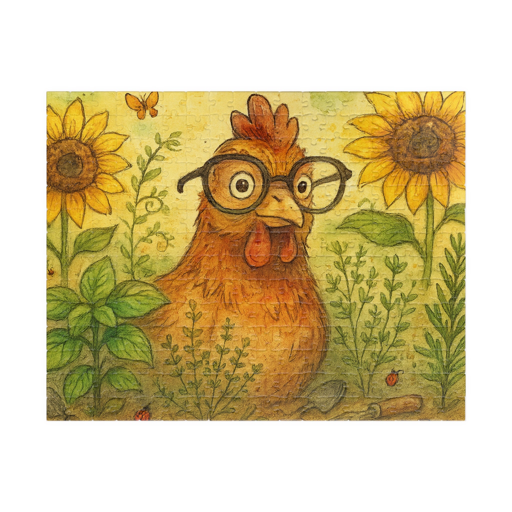 Retro Chicken Jigsaw Puzzle - Vintage Gardener Design with Sunflowers