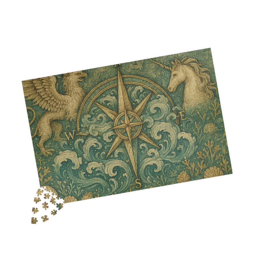 Old-World Compass Jigsaw Puzzle with Mythical Creatures