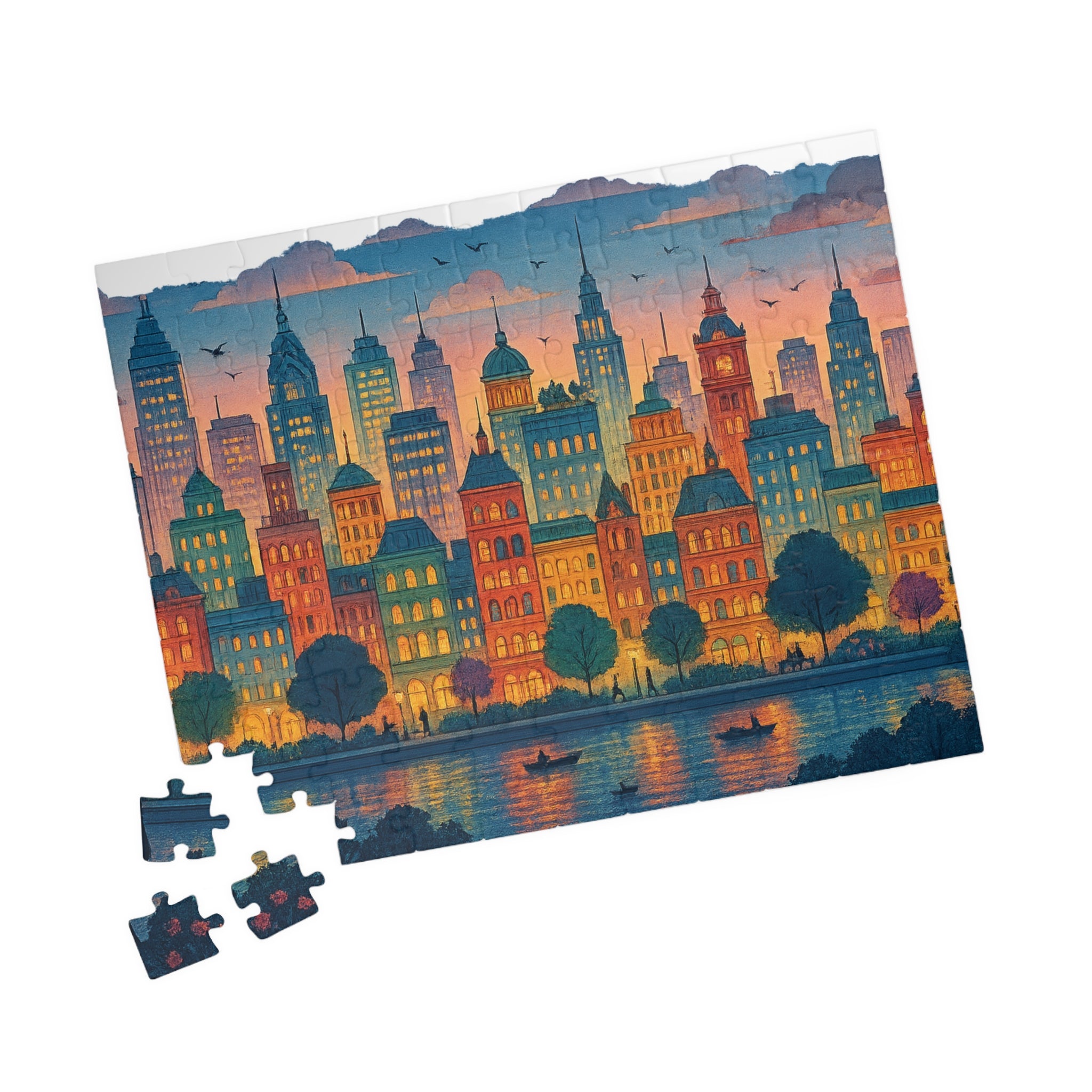 City Skyline Jigsaw Puzzle at Dusk, Urban Art Puzzle for Adults