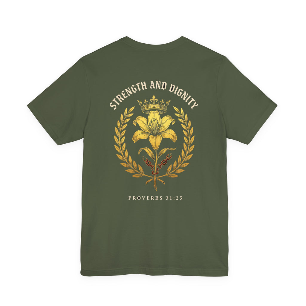 She Is Clothed in Strength and Dignity Christian Tee | Proverbs 31:25 Bible Verse Shirt
