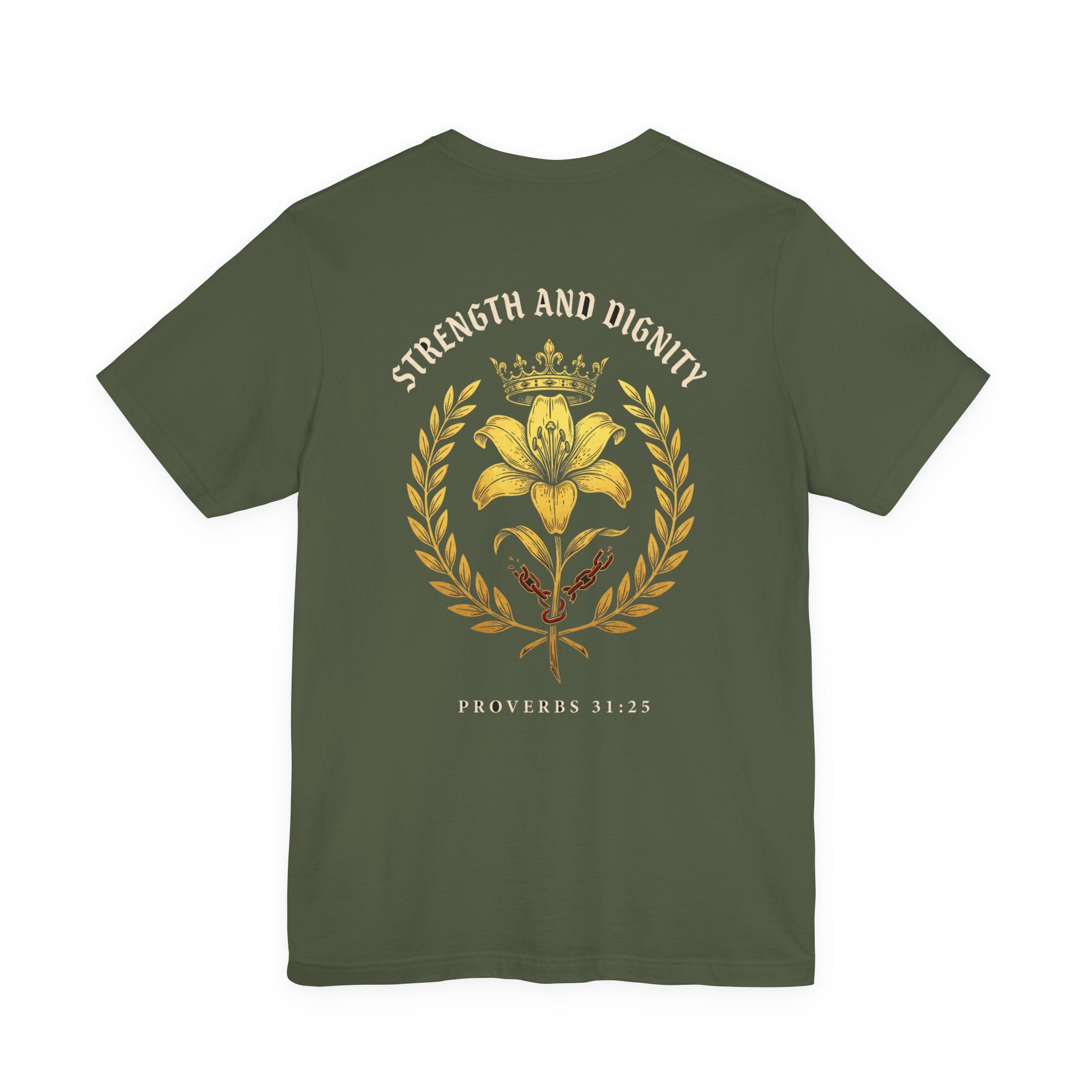 She Is Clothed in Strength and Dignity Christian Tee | Proverbs 31:25 Bible Verse Shirt
