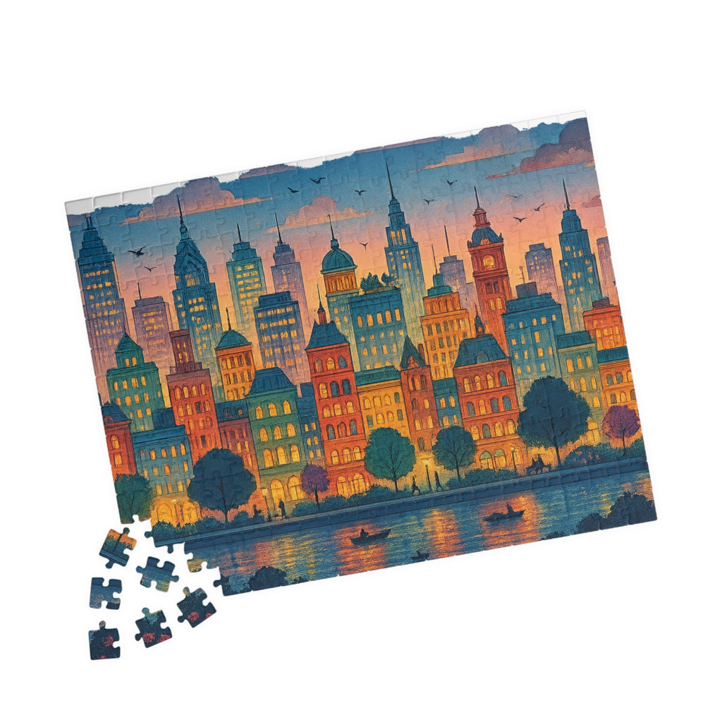 City Skyline Jigsaw Puzzle at Dusk, Urban Art Puzzle for Adults