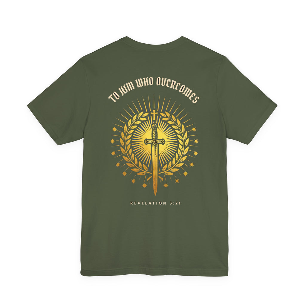 To Him Who Overcomes Christian Tee | Revelation 3:21 Faith Warrior Bible Shirt