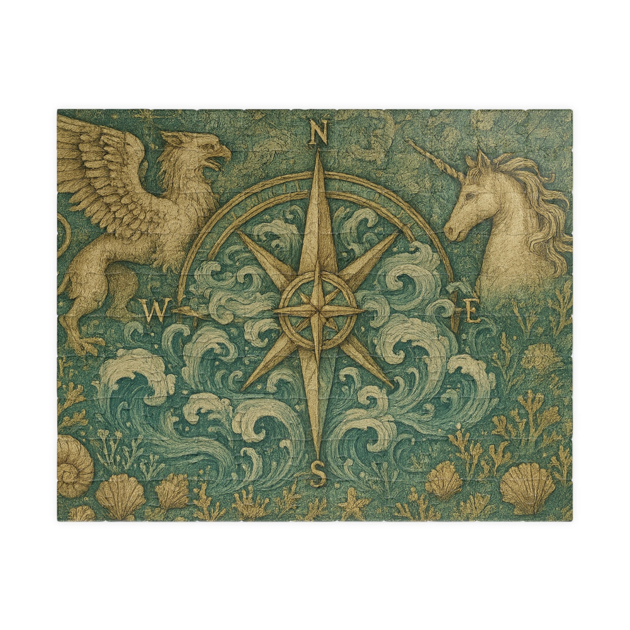 Old-World Compass Jigsaw Puzzle with Mythical Creatures