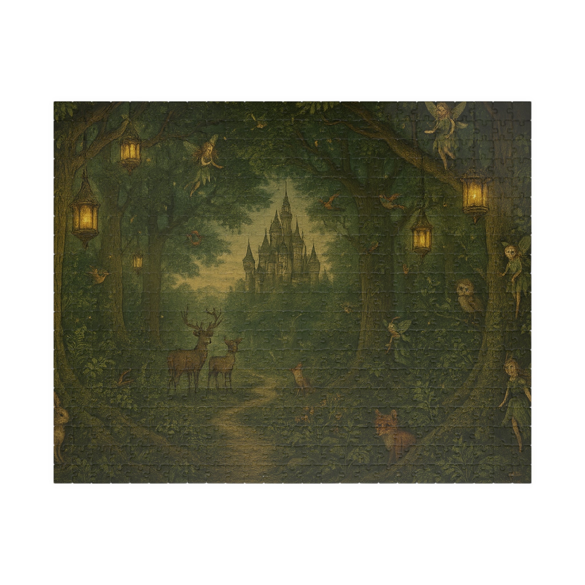 Forest Panorama Jigsaw Puzzle - Enchanted Scene with Lanterns & Castle