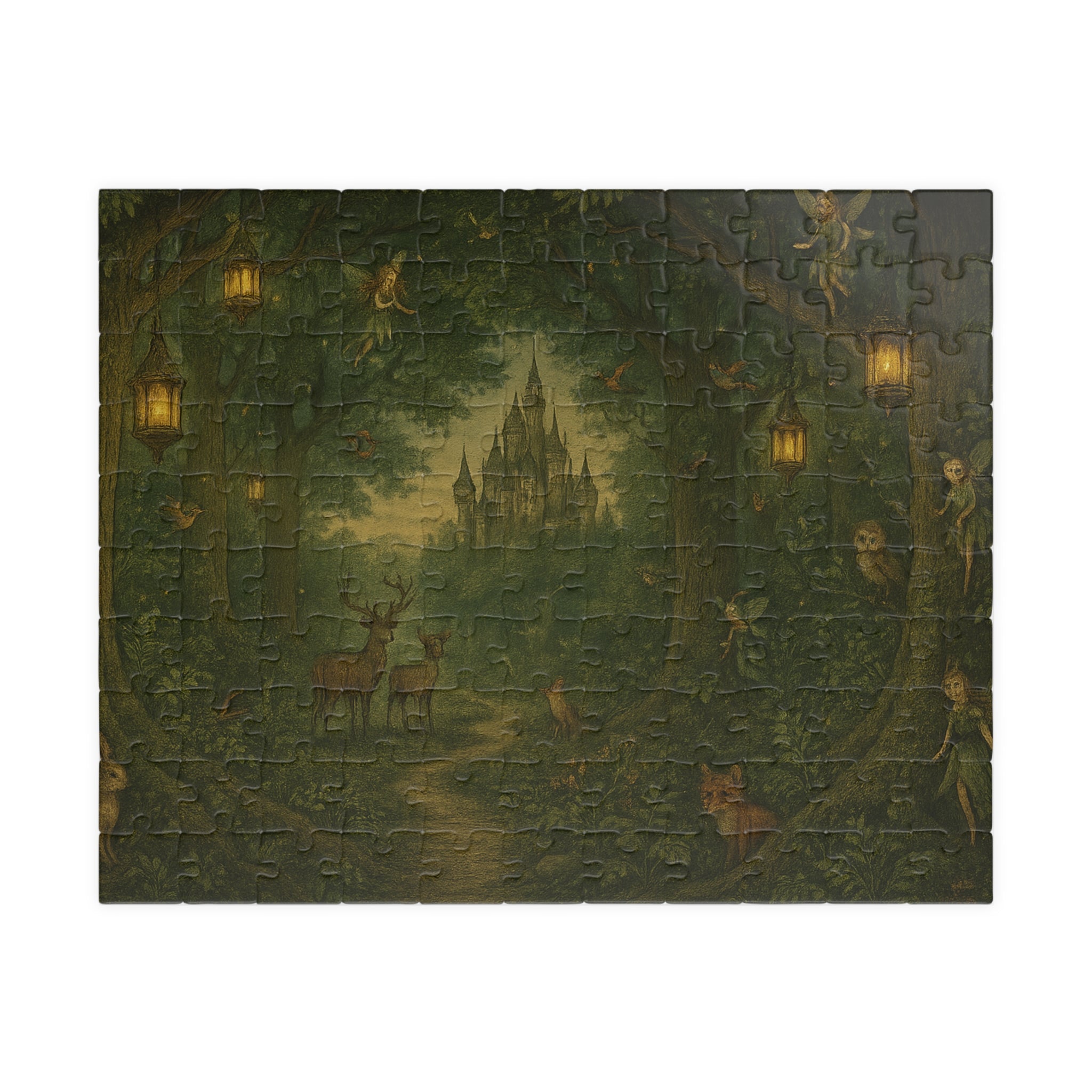 Forest Panorama Jigsaw Puzzle - Enchanted Scene with Lanterns & Castle
