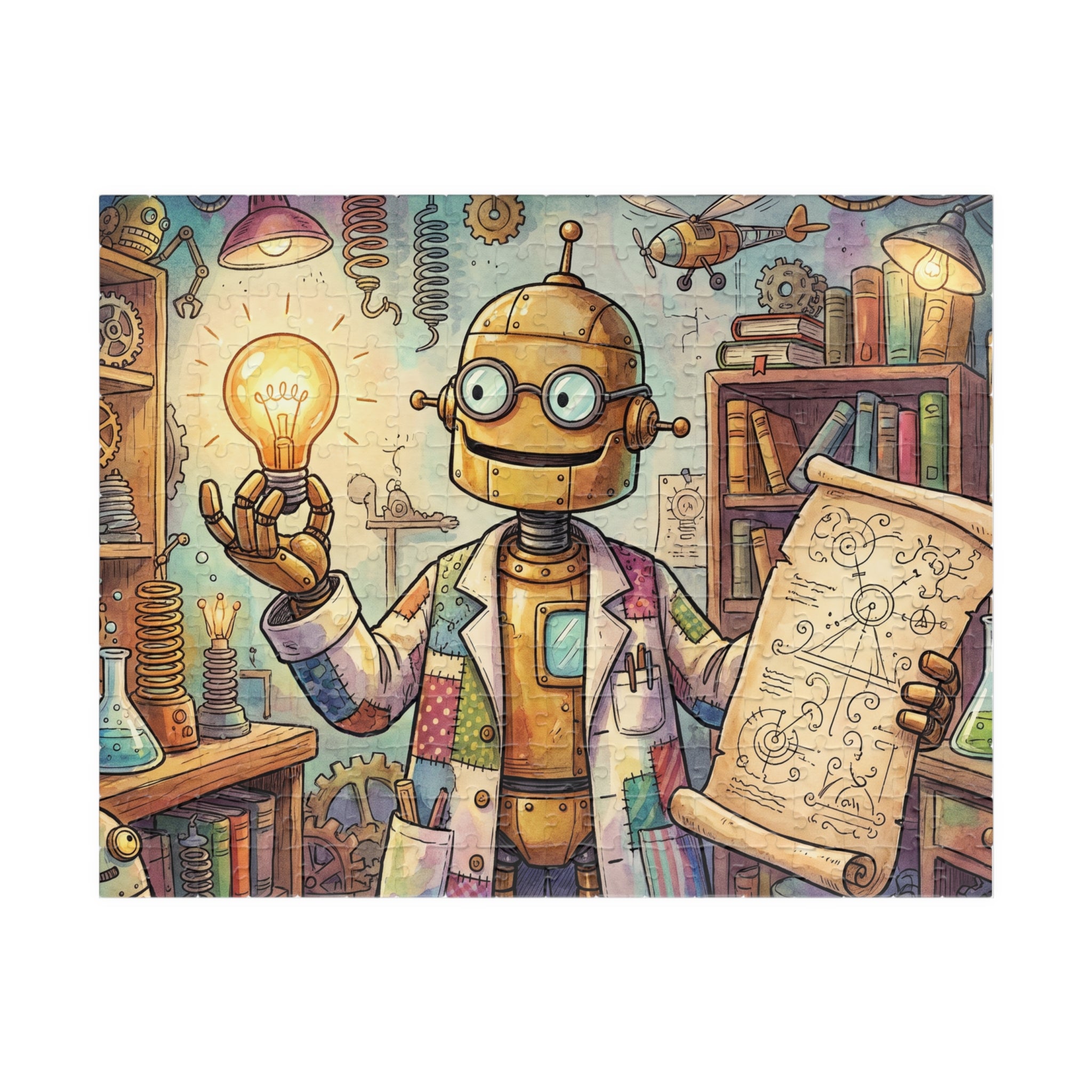 Robot Professor Jigsaw Puzzle - Invention in Progress Puzzle Illustration